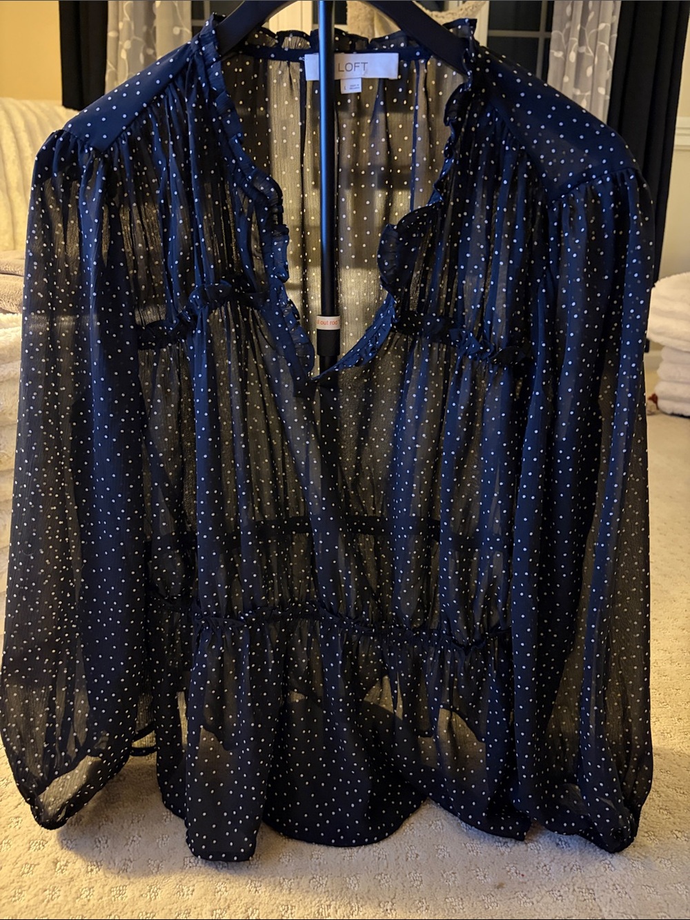 LOFT Black Sheer Polka Dot Ruffle Blouse